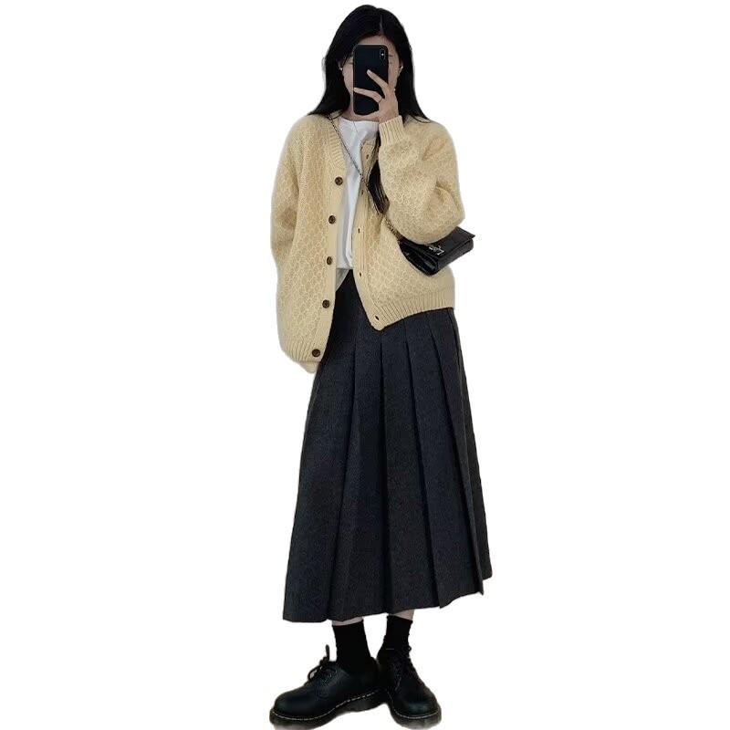 Autumn/Winter Women's Plus Size Retro Academic Pleated Wool Skirt