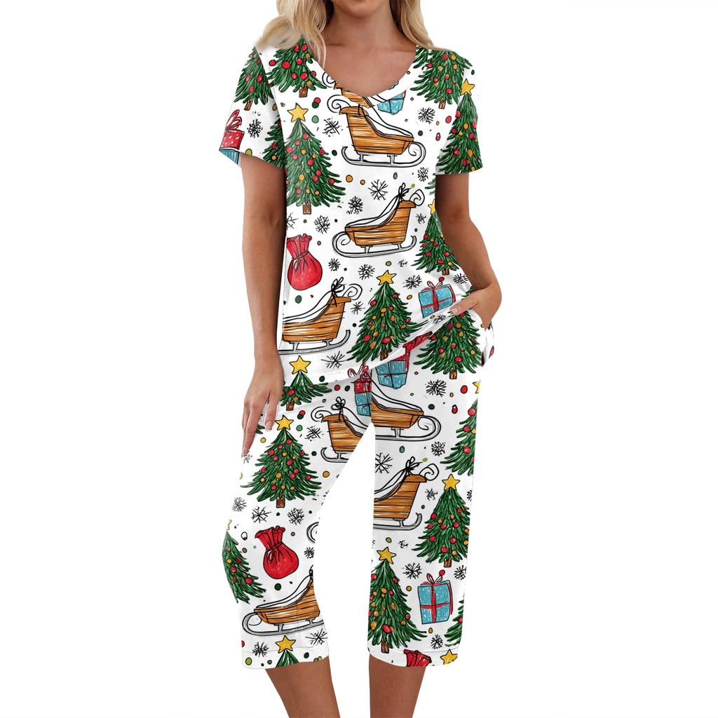 Casual TweeDelig Kerstprint Outfit voor Dames met Top met Korte Mouwen en Broek