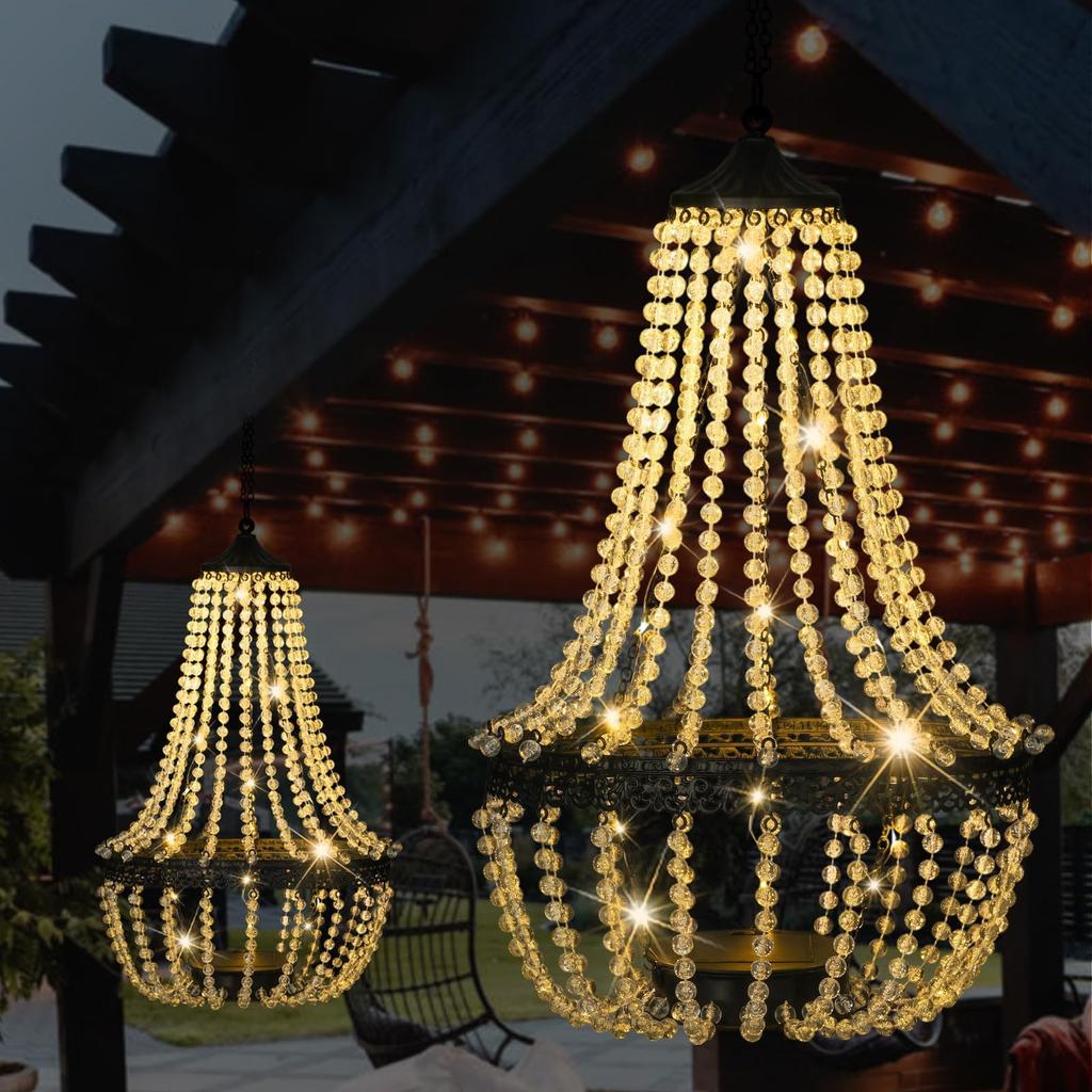 Outdoor Solar Powered Hanging Chandelier Light for Garden Patio Balcony Decorative Ambient Lighting with Beaded Design and Metal Frame