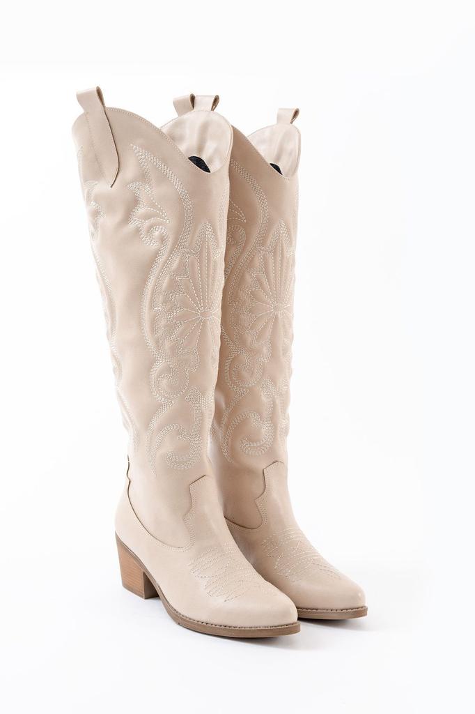 Women Modern Stylish Fashion Boots Faux Leather Suede Black Leather Embroidered Medieval Cowboy Long Boots