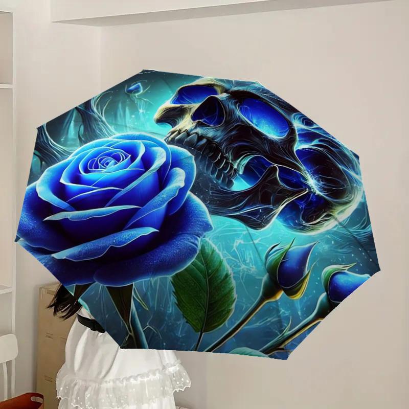 1pc Blue Rose Skull Artwork Umbrella with Plastic Handle,Suitable for All Seasons Home Travel Outdoor UmbrellaDD1532