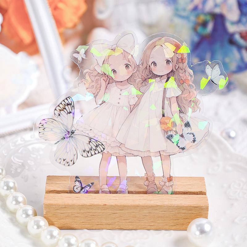 6 pcs Flash laser PET Stickers aesthetic Kawaii Cartoon Girl Decorative collage Diary Album Adhesive Diy Scrapbooking material