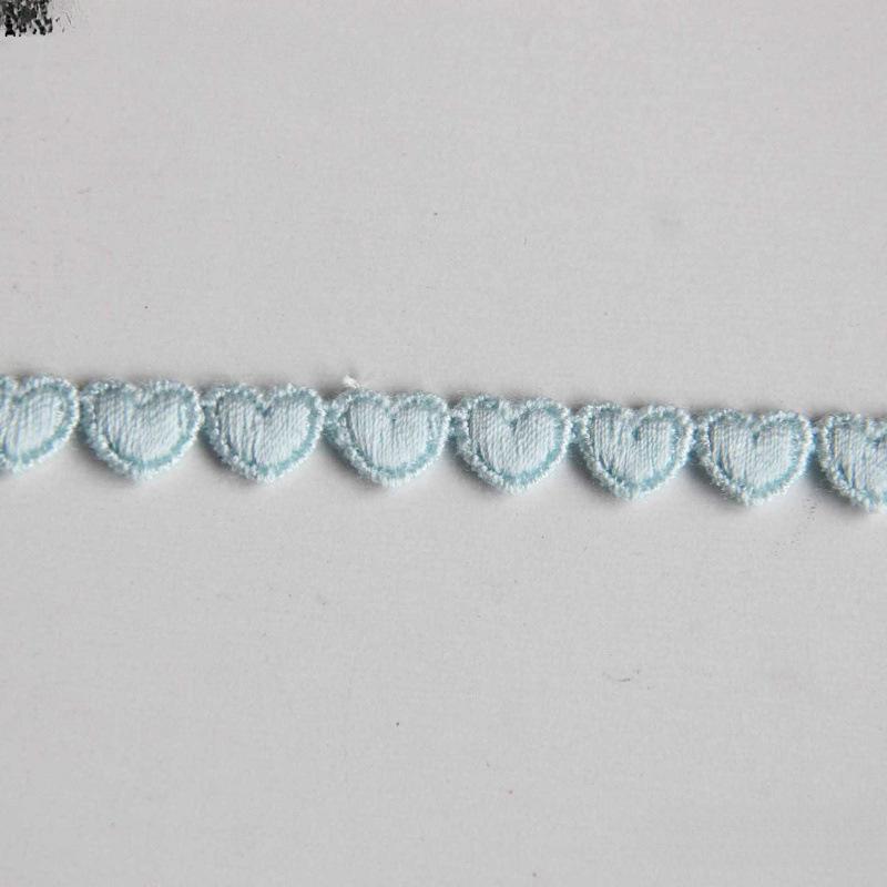 F22 Japanese Mercerized Cotton Embroidery Lace Trim with Small Heart Design, 0.8cm Width, for Skirt Hem Decoration and DIY Clothing.