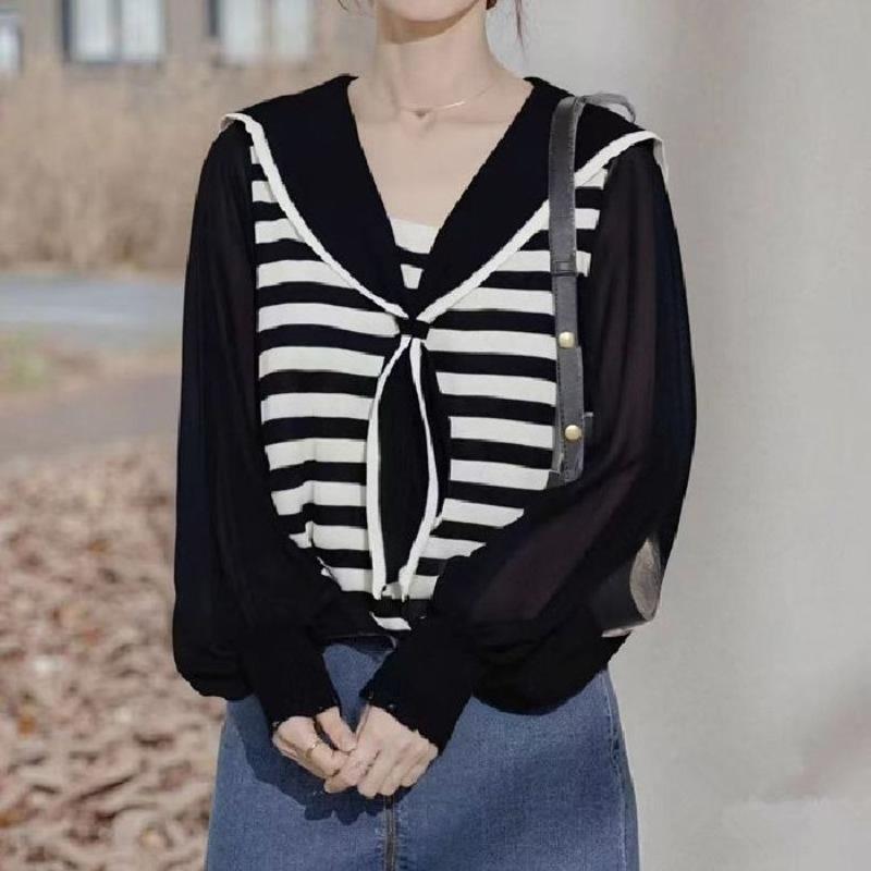 Polo Collar Fake Two Long-sleeved Knitted Sweaters for Women's Autumn and Winter New Design Sense, Niche Patchwork Shirt Short Top