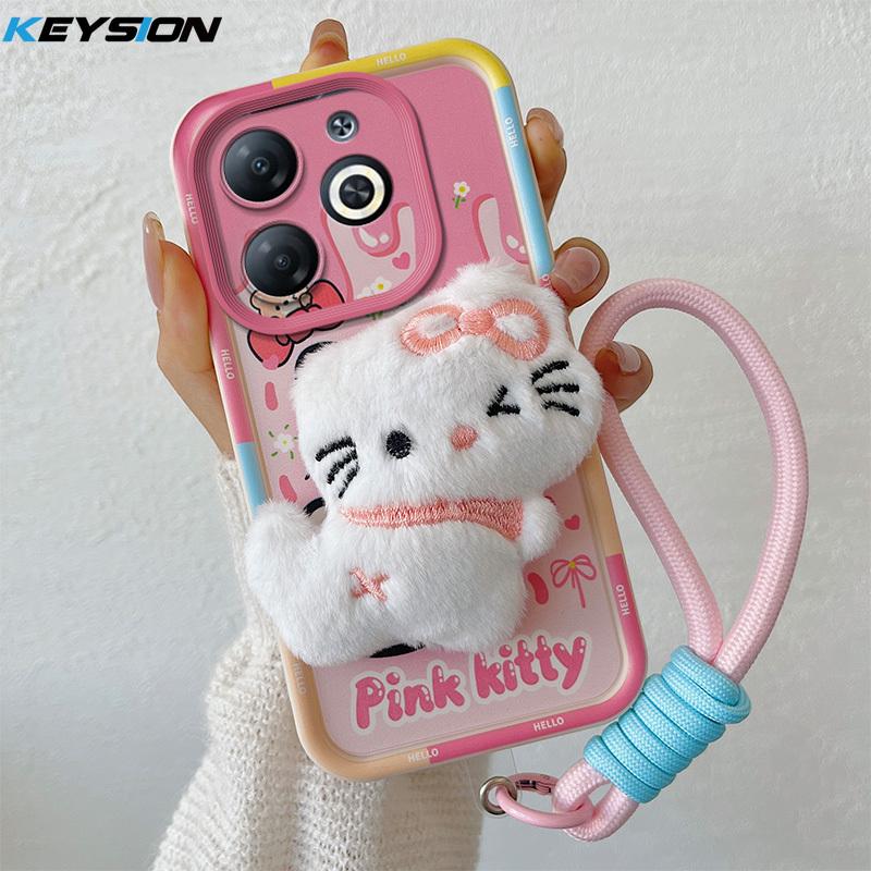 KEYSION Cute 3D Cartoon Plush Case for Infinix Smart 8 8HD with Lanyard Soft Silicone Shockproof Phone Cover for Infinix Hot 40i