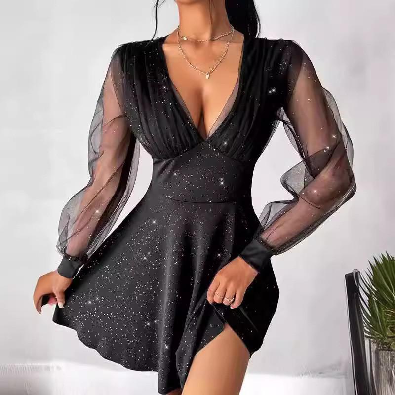 

Women Elegant Long Sleeves V Neck Mesh Mini Short Dress Bride Bridesmaids Wedding Party Gowns