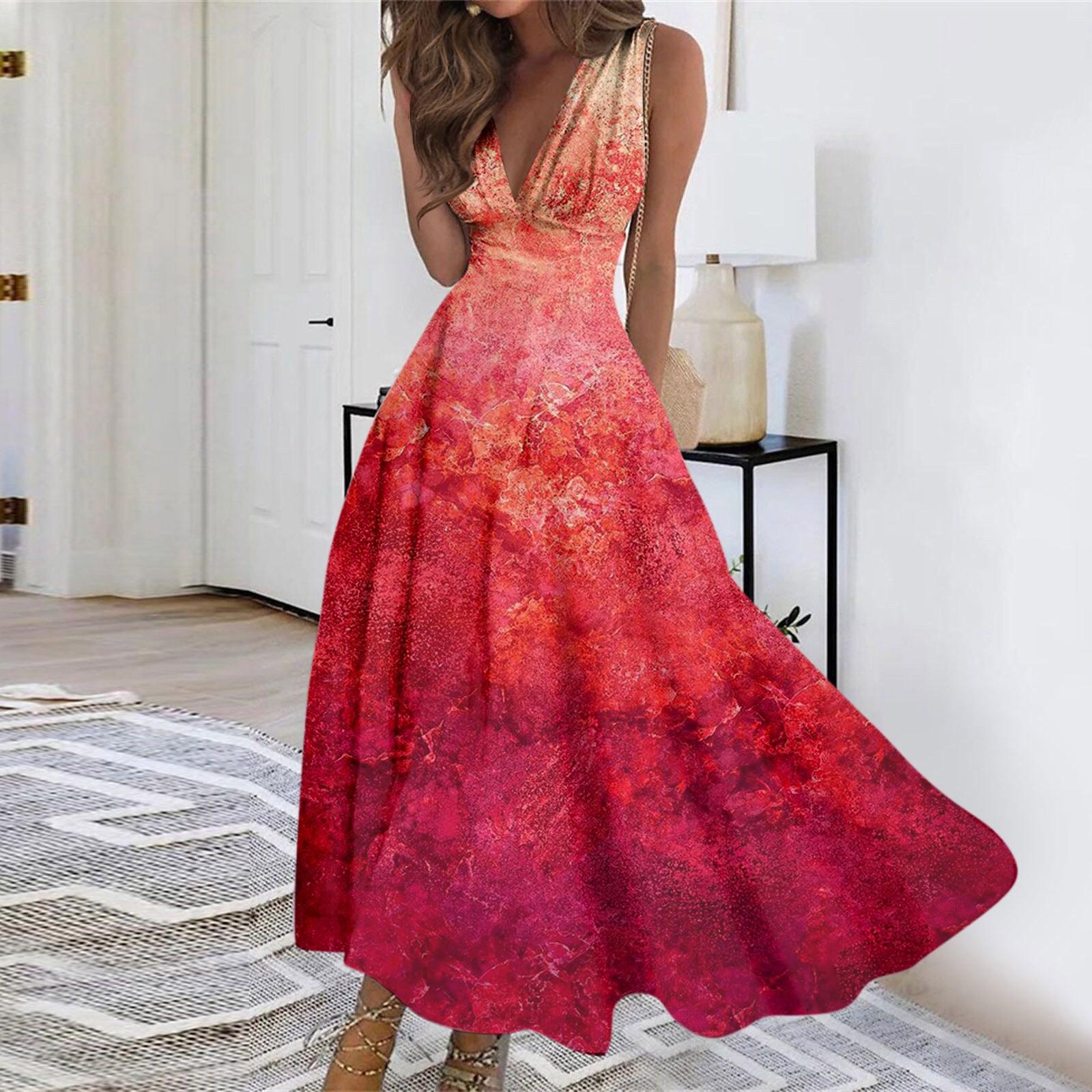 

Женское длинное платье Платье макси Повседневное платье Летнее повседневное платье без рукавов с v-образным вырезом в стиле бохо с талией и принтом