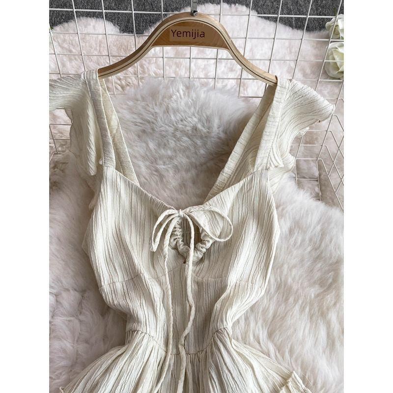 Bohemia Seaside Holiday Beach Skirt with Wooden Ear Patchwork A- line Dress Fancy Square Collar Lace up Dress