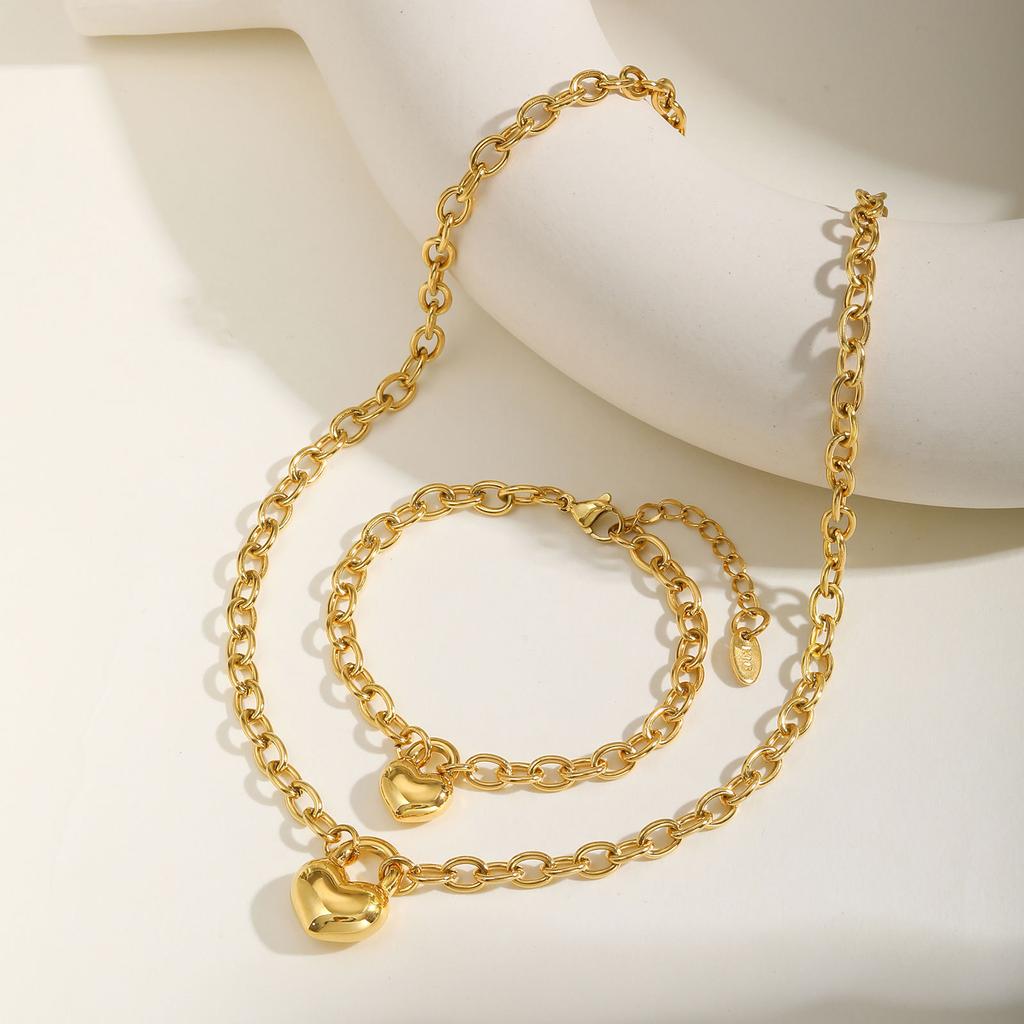Stainless Steel Plated 18K Gold Round Cross Chain Heart Lock Bracelet Necklace Nc-