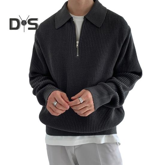 

Осень-зима мужской свитер с отложным воротником и полумолнией, длинные рукава, однотонный свободный трикотажный топ, повседневная одежда, школьный рабочий трикотаж 3XL чёрный
