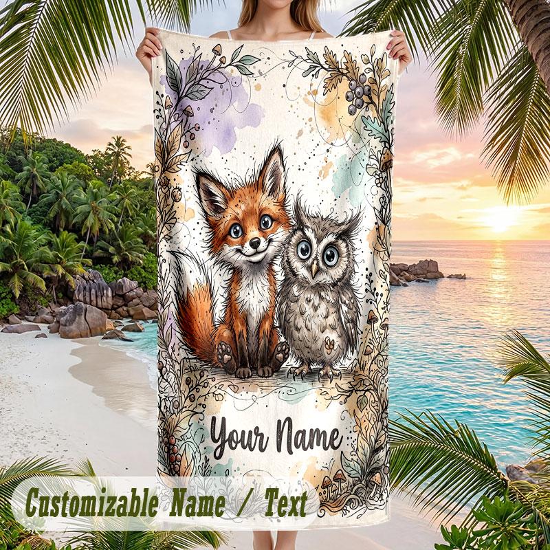 Fox Owl Flowers Theme Quick Dry Beach Towel Custom Name Text Print Large Sand Resistant Towel Beach Vacation