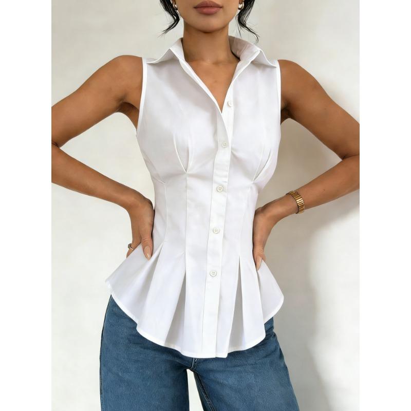Womens Sleeveless Peplum Shirt With Collar And Button Down Detail Fitted Waist Casual Office Blouse