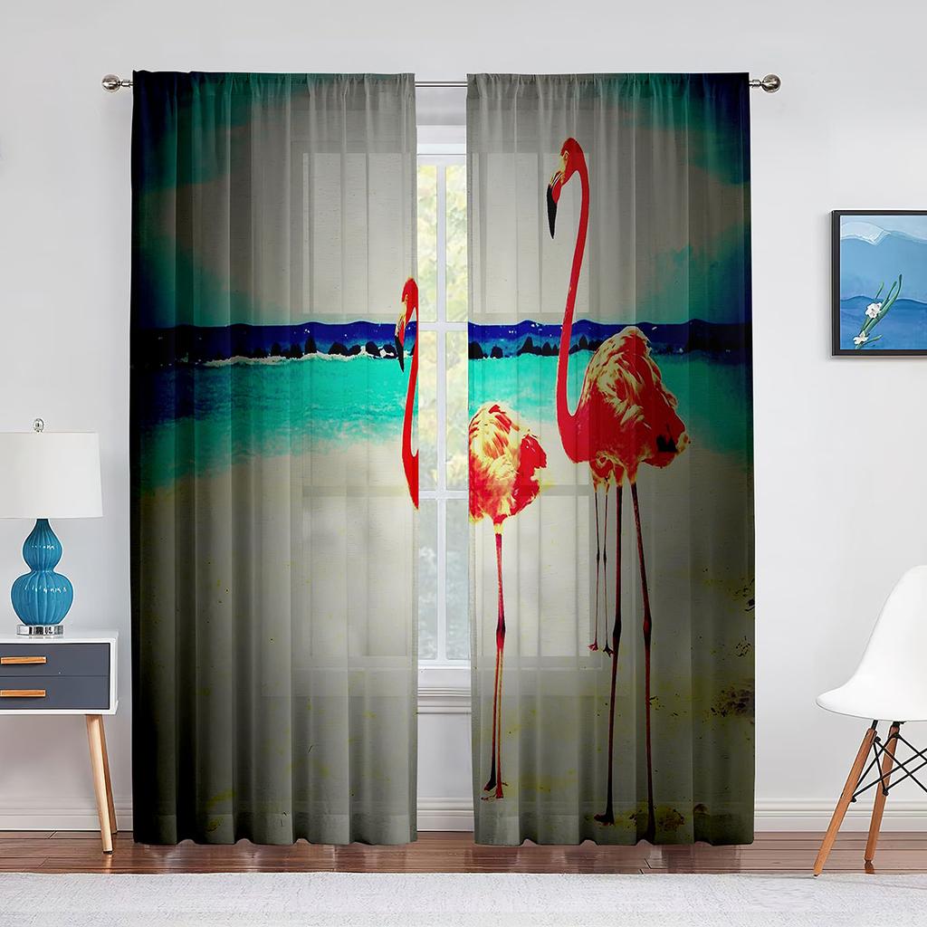 Rote Flamingos Kirschblüten Mond Tüll Vorhänge für Wohnzimmer Schlafzimmer Dekor Chiffon Transparent Voile Vorhang Küchenfenster Vorhänge
