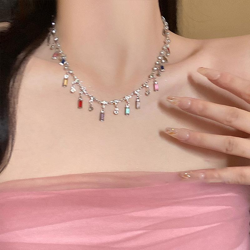 Luxury Colorful Zircon Square Shiny Choker Necklaces for Women Exquisite Crystal Short Sexy Chain Wedding Bride Jewelry Gift