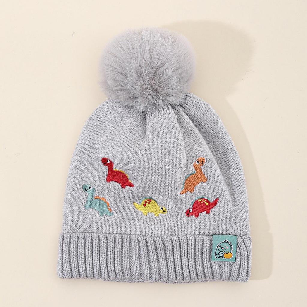 Cute Embroidered Little Dinosaur Children's Warm Knit Pom-pom Hat