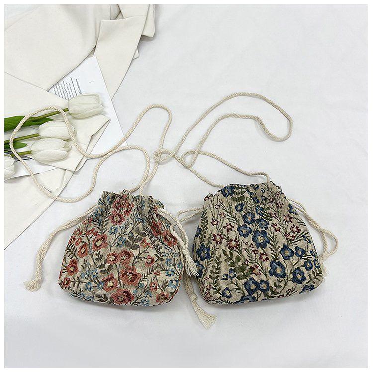 Umhängetasche Kordelzug Canvas Damentasche Blumenstickerei Ethno-Stil Kleine Tasche Crossbody Bucket Bag