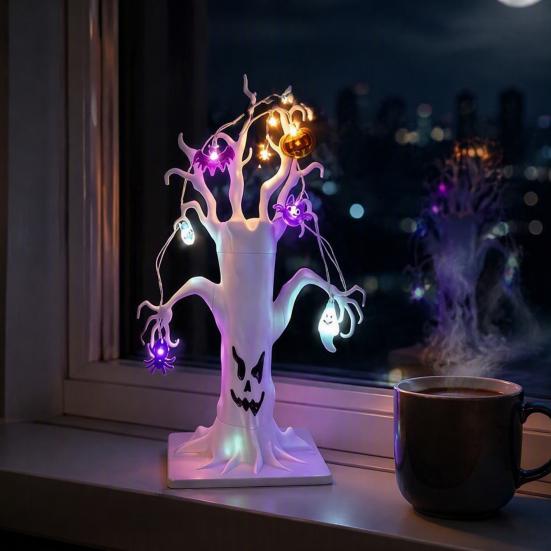Entryway And Showcase Displays Halloween Lighted Ghost Tree Centerpiece with LED Lights, Pumpkin Bat Small Battery Operated Spider Light String,