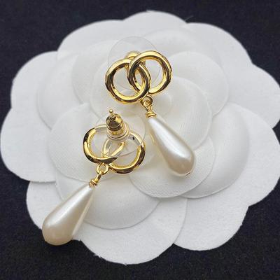 High End Water Drop Pearl Earrings, Small Fragrant Wind, Popular Double C Medium Length Pendant Earrings, 925 Silver Needle Earrings