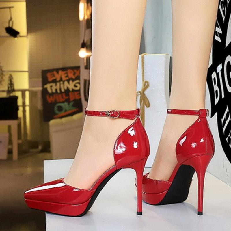 Fashion Elegant High Heels Women's Waterproof Platform Pointed Toe Patent Leather Glossy Thin Heel Hollow Strap Sandals Women's Shoes