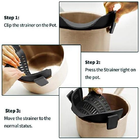 AUOON Clip On Strainer Silicone for All Pots and Pans, Pasta Strainer Clip On Food Strainer for Meat Vegetables Fruit Silicone Kitchen Colander
