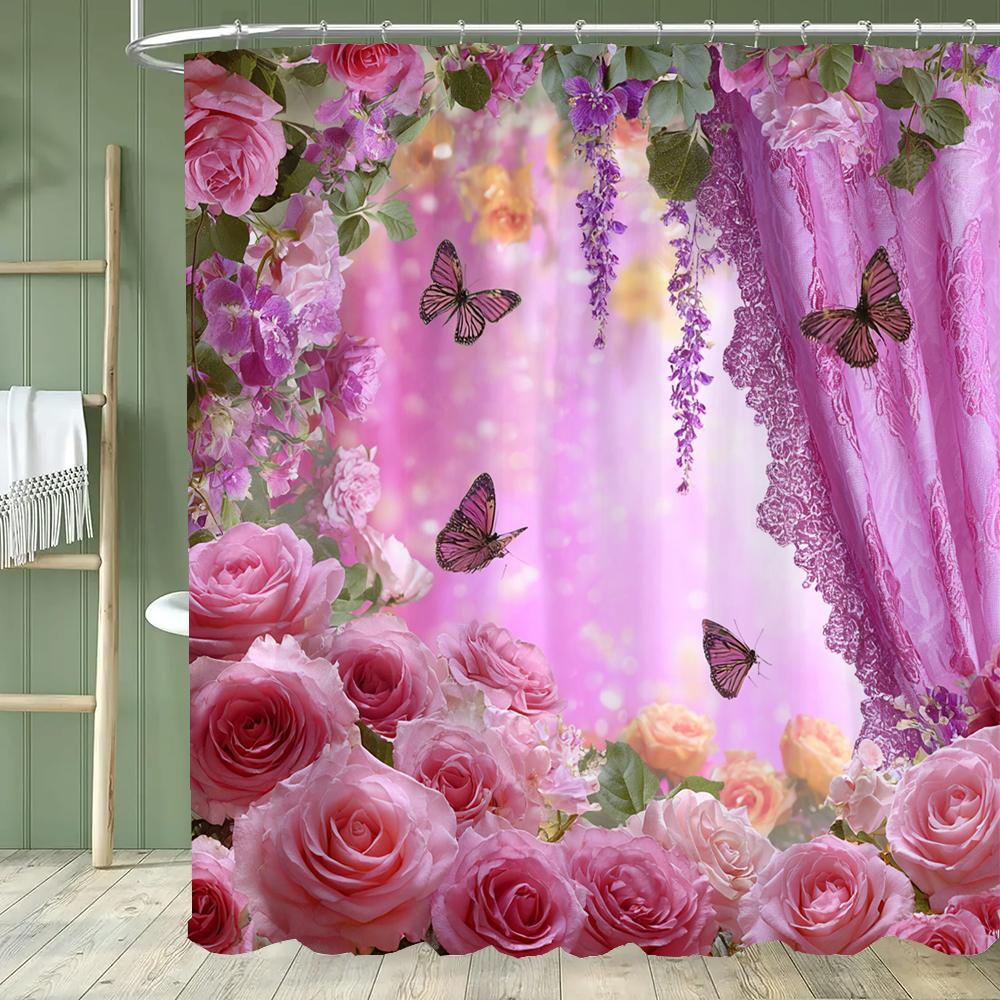 Pink Rose Butterfly Shower Curtain Partition Hanging Bathroom Curtain with Hooks Washable Home Decoration Curtain