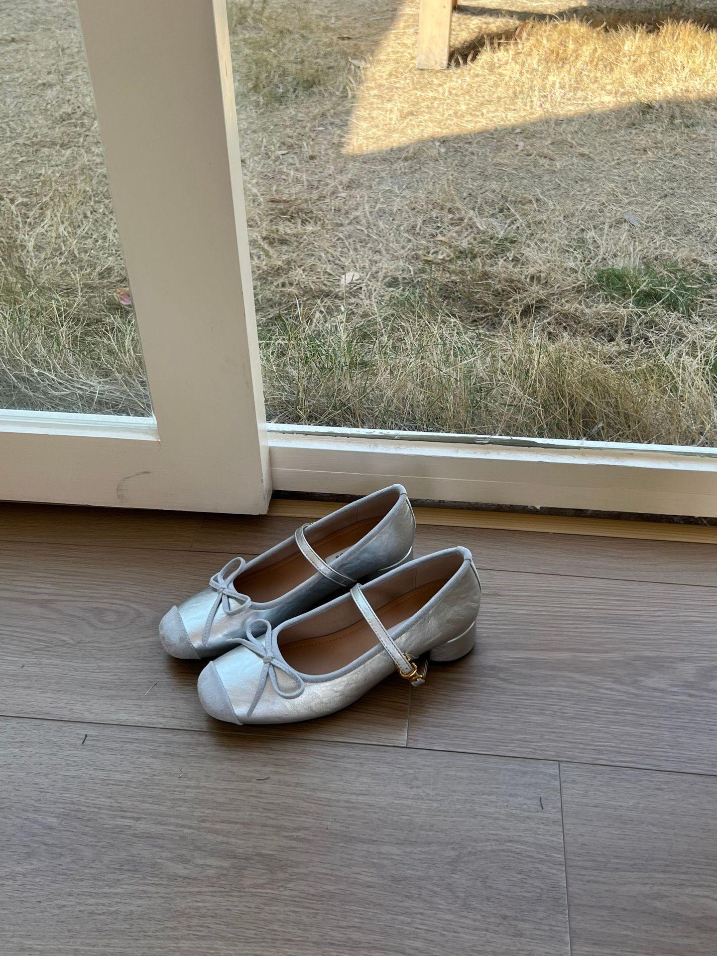 Early Spring High Heels Late Evening Wind Bow With Mary Jane Single Shoes French Light Mouth Thick Heels 35 серебряный