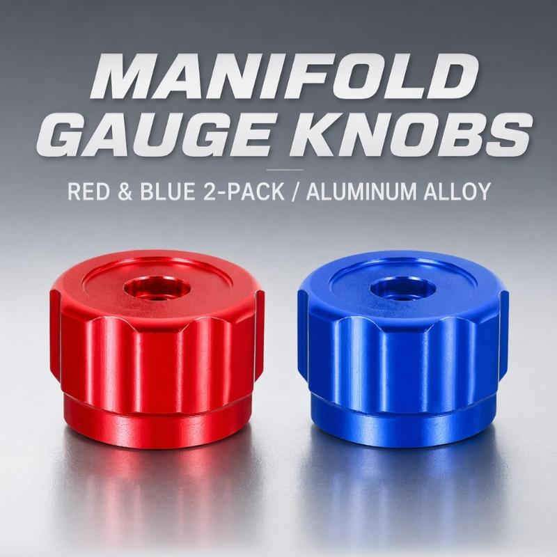 Replacement Manifold Gauge Valves Knobs, 2Pcs Red and Blue HVAC Control Handles, Aluminum Alloy Ribbed Edges, 0.26 X 0.26 In Mount Opening