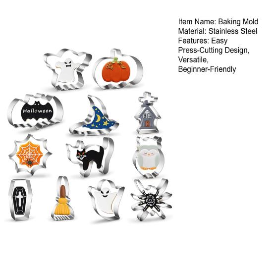 12Pcs Halloween Cookie Cutter Set Stainless Steel Biscuit Molds DIY Pumpkin Ghost Black