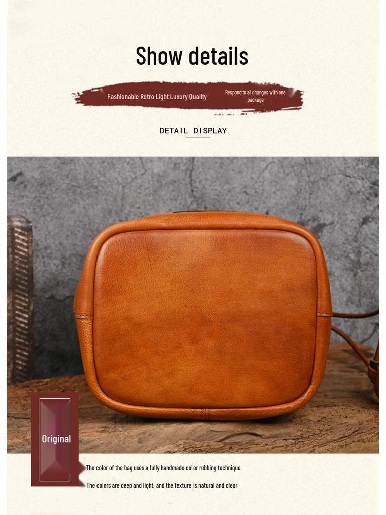 Vintage Floral Print Handmade Cowhide Leather Bucket Bag