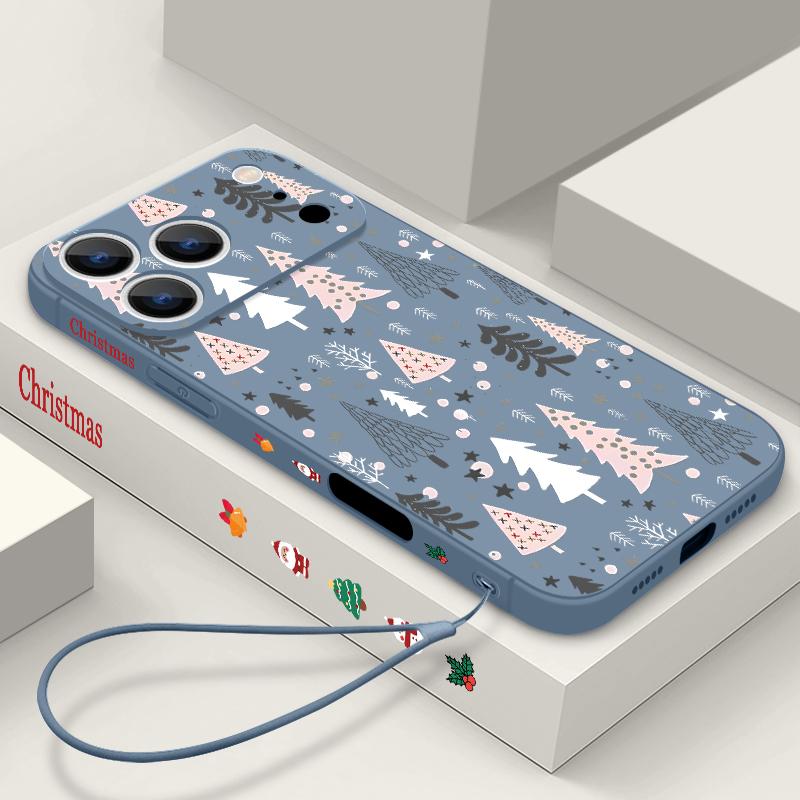 Cute Christmas Tree Pattern TPU Soft Silicone Case For iPhone 17 Pro Max 16E 16 15 14 13 Pro Max 12 Pro 11 Shockproof With Lanyard Phone Cover Fundas