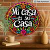 2D Flach, 1 Stück Vintage Metallwandkunstschild „Mi Casa Es Su Casa“, Bunte florale runde Aluminium-Dekoration für Bauernhaus, Café, Strandhaus, Hinterhof, Boho