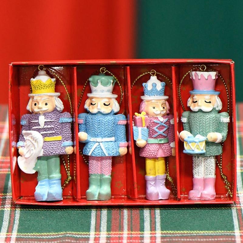 Pack of 4 Candy Color Nutcrackers King and Soldier Statue Christmas Decorative Hanging Resins Nutcrackers Toy Decors