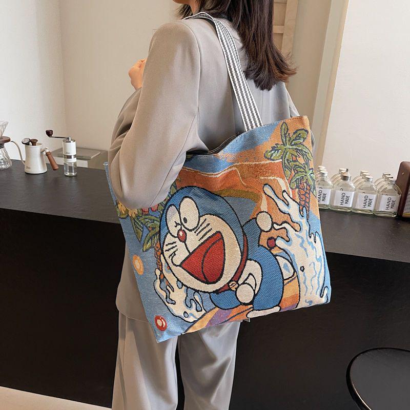 2025 Embroidered Cartoon Canvas Tote: Large Capacity Women's Casual Shoulder Handbag