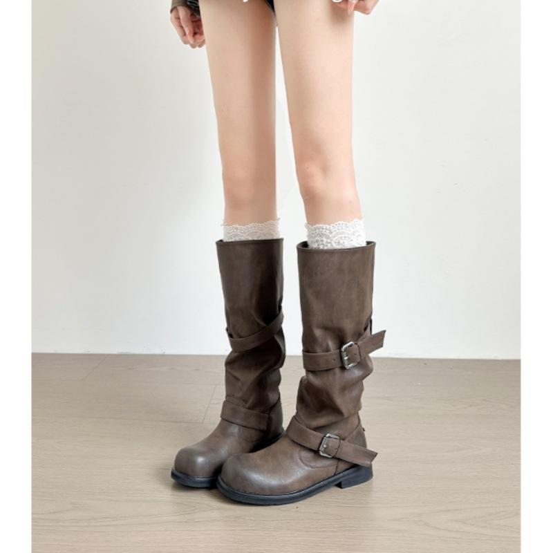 

Yueyu retro fried street polished piled boots thick heel old round head belt buckle wasteland wind boots knight boots female 40 коричневый