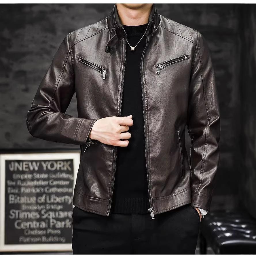 Autumn and winter new men's leather jacket slim youth trend leather jacket PU high-end leather jacket stand-up collar leather jacket men