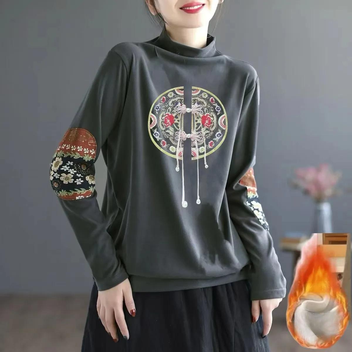 

Двусторонний немецкий бархат плюс бархат теплый длинный рукав красный с высоким воротом свободный ретро этнический принт топ база XL серый