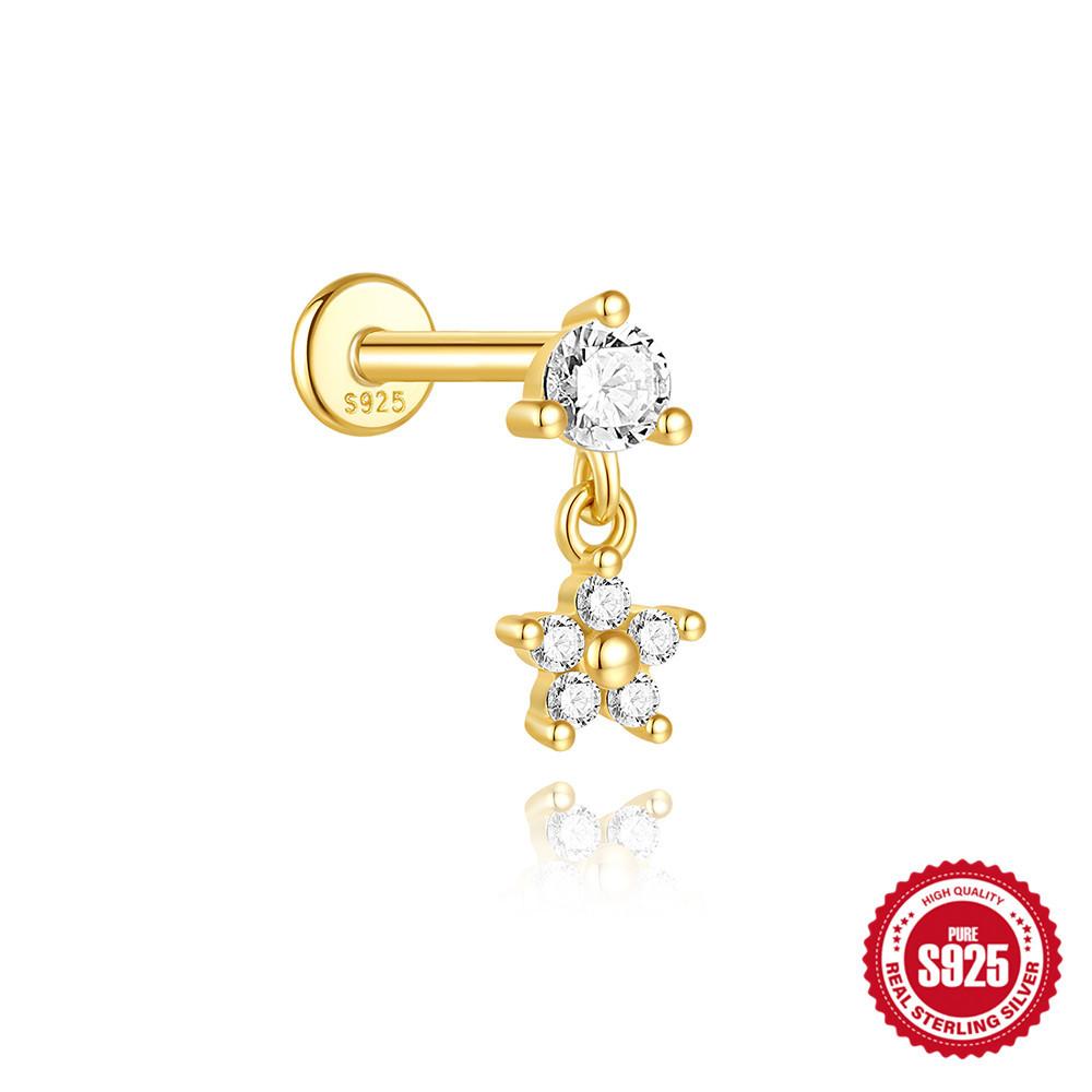 Classic 925 Silver Eight Pointed Star Snake Flower Inlaid Diamond Cartilage Earring 16G Flat Back Stud Piercing Minimalist Fashion