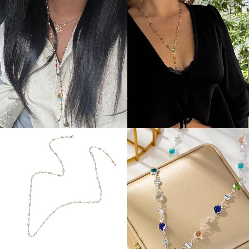 Colorful Crystal Necklace Rhinestones Long Y-Shaped Neckchain Bohemian Clavicle Chain Fashion Accessory for Women
