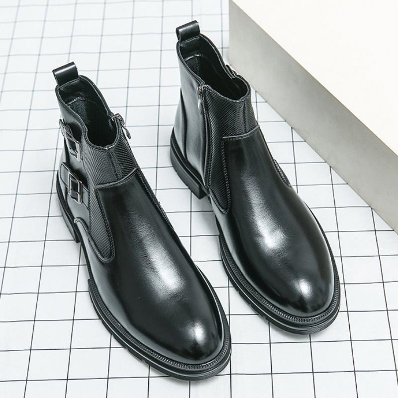 British Style Round Toe Leather Boots Men's Fashion Casual High Top Boots Buckle Slip-on Thick-soled Boots