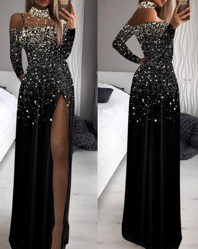 

European & American Gold Print High Neck Mesh Spliced High Slit Evening Gown Medium чорний