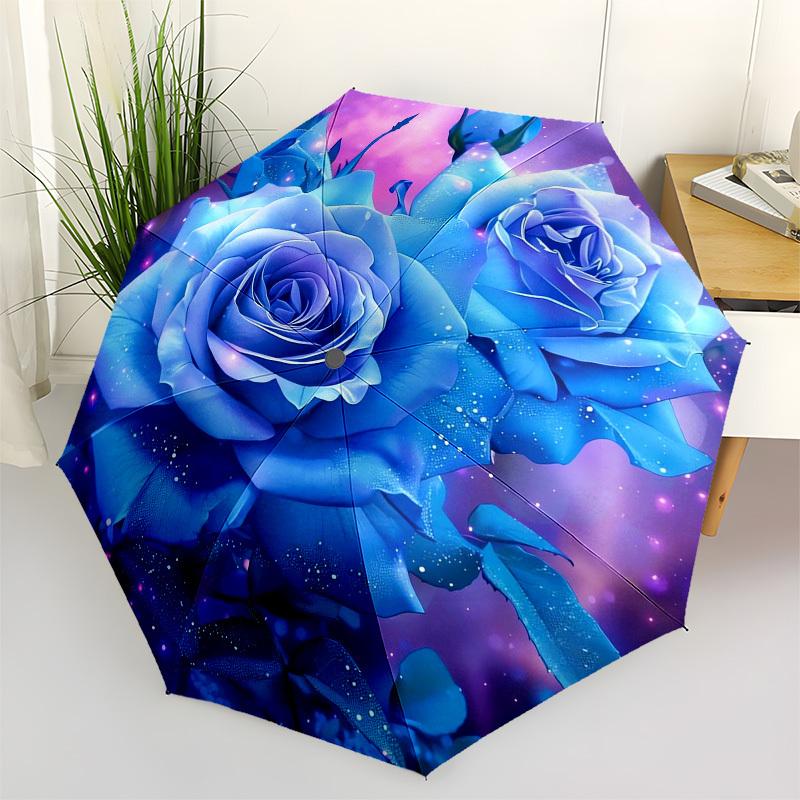 

1pc Blue Rose Fantasy Background Umbrella with Plastic Handle,Vibrant Cartoon Pattern,Multi-functional UmbrellaPT146