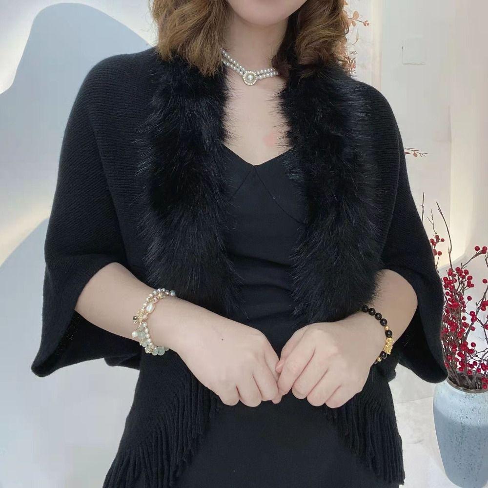 Winter Warm Faux Fur Collar Knitted Tassel Plush Wraps Scarf Womens Knitting Shawl