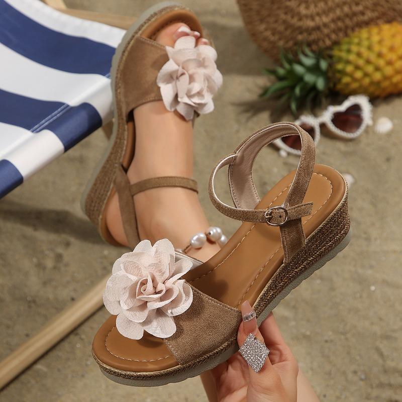 New Summer Outdoor Floral Sandals, Suede One-Strap Wedge Minimalist High Heel Sandals for Women