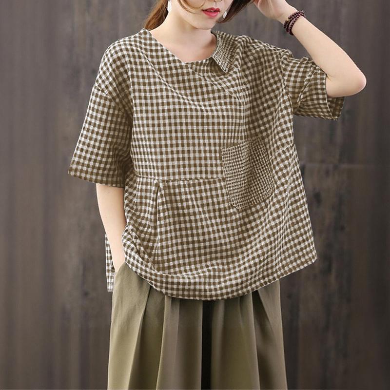 ZANZEA Women Casual V-neck Summer Short Sleeve Grid Print Blouse