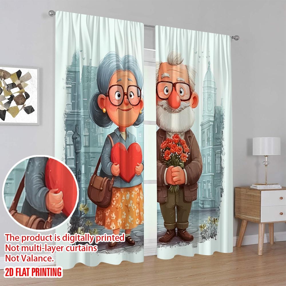 2pcs,2D plane printing Curtains Roller Blinds Grandmother and Grandfather Love Story Durable 100% Polyester Fabric (without rod)