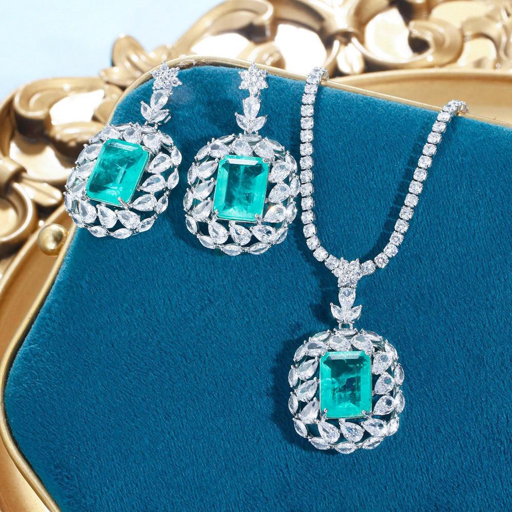 

Designer Imitation Paraiba Micro-Inlaid Zircon Necklace Earrings Set Sea Blue Treasure Set Chain