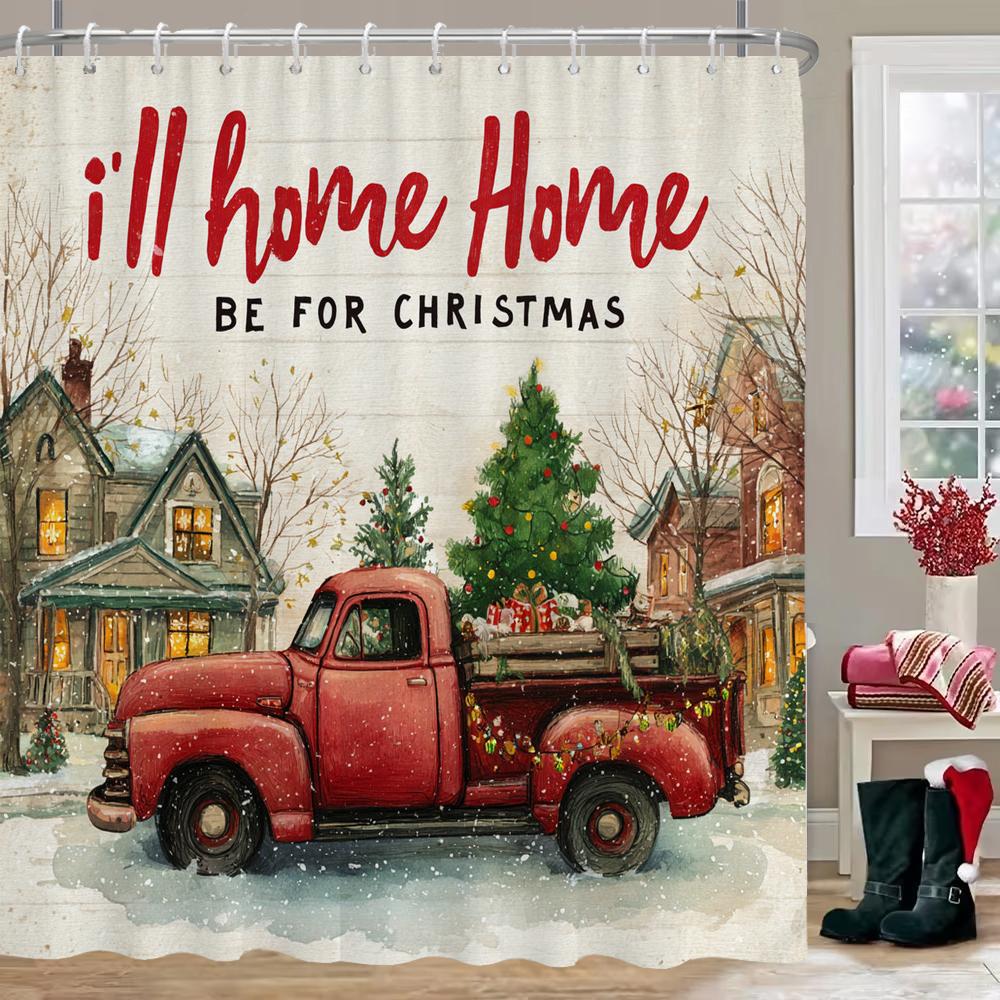 Christmas truck Shower Curtain, Christmas Bathroom Curtain Decoration With Hook Fabric Christmas Gift Curtain, with Hooks