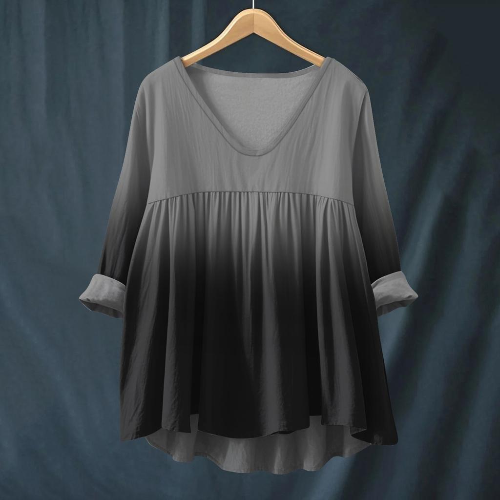 Women's Fashionable And Casual Shirt Long-sleeved V-neck Print Cotton And Linen Blouse