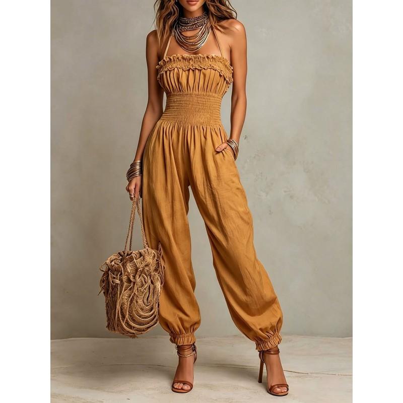 Bohemian Style Linen Cotton Jumpsuit With Halter Neck Lantern Sleeves Women 2026