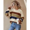 Women's Crew Neck Long Sleeve Knit Sweater Loose Fit Lazy Style Color Block Striped Pullover Top